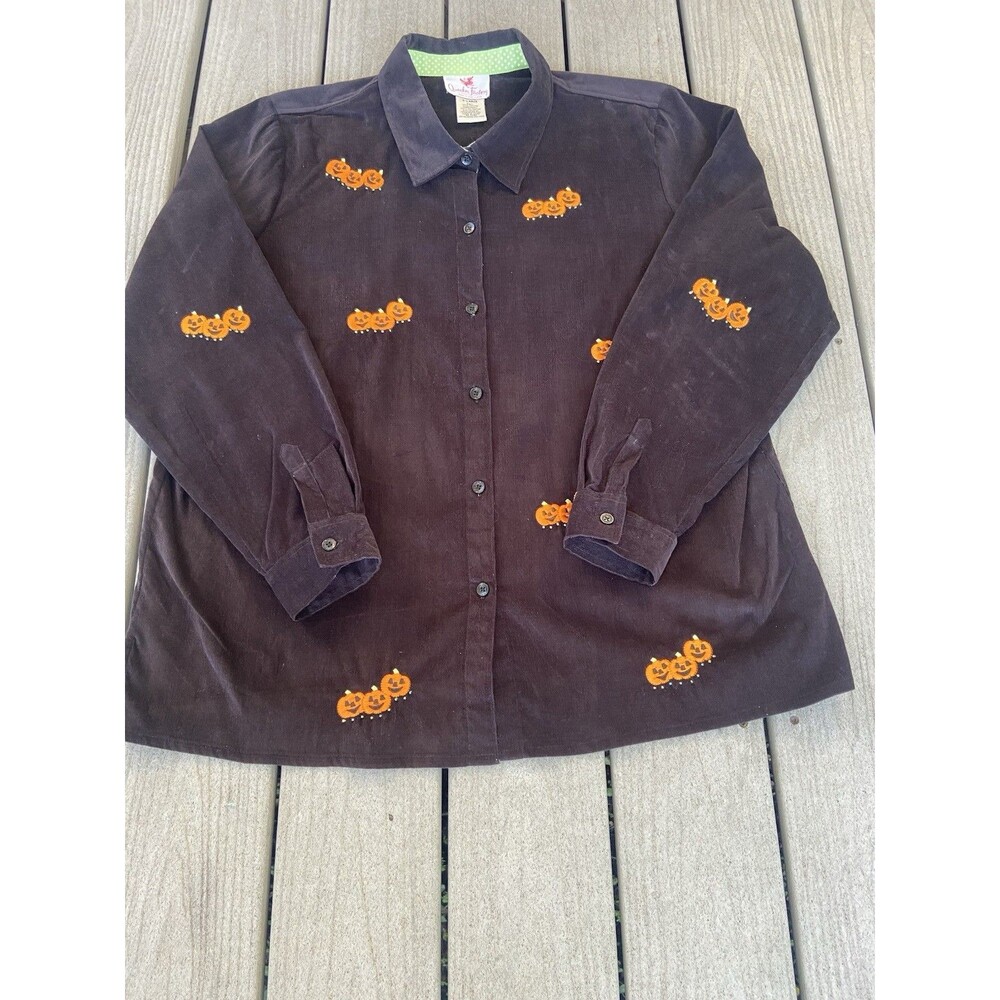 Quacker Factory Pumpkin Black Button Up Shirt Emb… - image 3